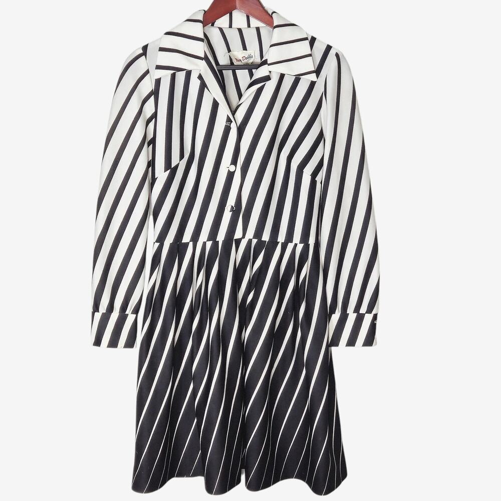 Mary Dobbs Vintage Shirt Dress Black White Size S Stripe Mod Office Siren